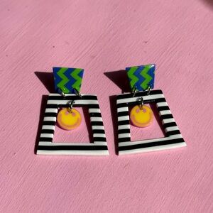 Y2K Smiley Face Statement Earrings ✦ Retro Colorblock Dangles